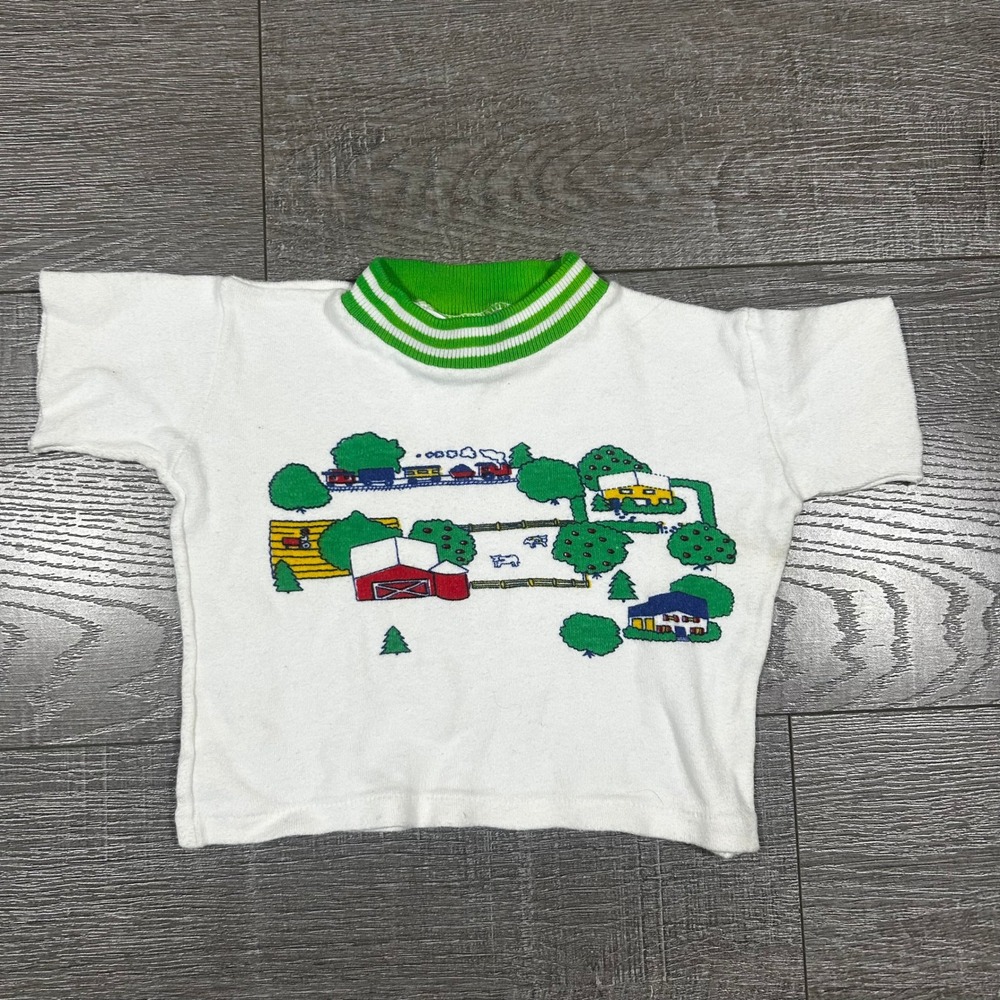 Vintage Twin Togs Creations Baby 12M Farm Train Graphic Ringer Mock Neck Shirt